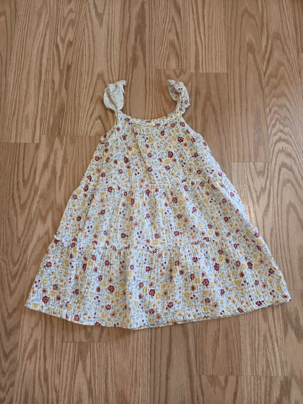 Girls' White Floral Tiered Sundress with Yellow & Red Flowers